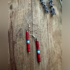 Simple Red & Blue Turquoise Beaded Drop Earrings